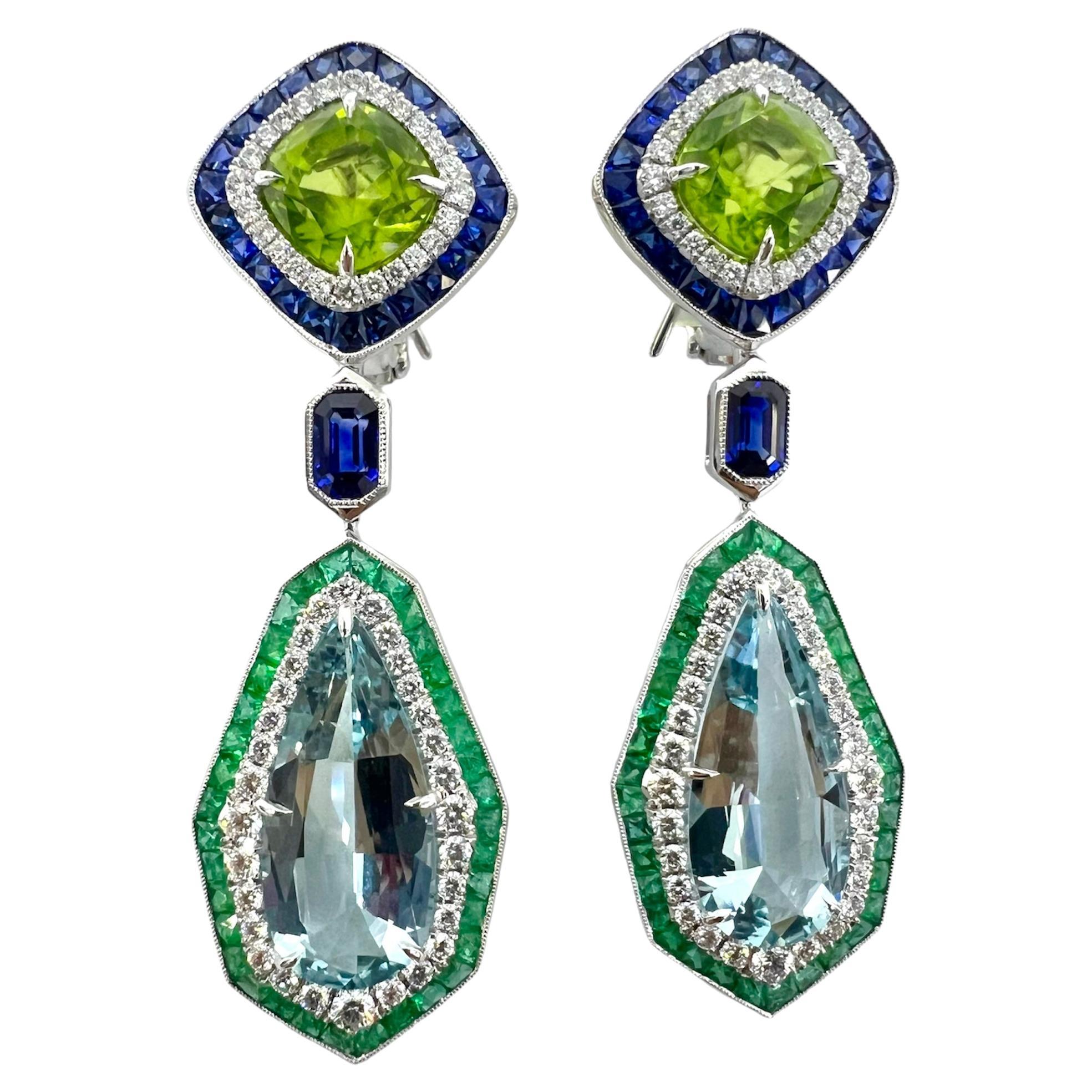 Sophia D. Aquamarine, Peridot, Blue Sapphire and Diamond Platinum Earrings For Sale