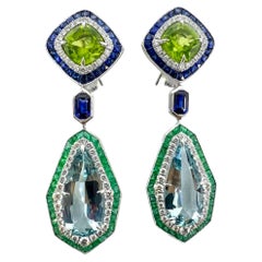 Boucles d'oreilles Sophia D. aigue-marine, péridot, saphir bleu et diamant