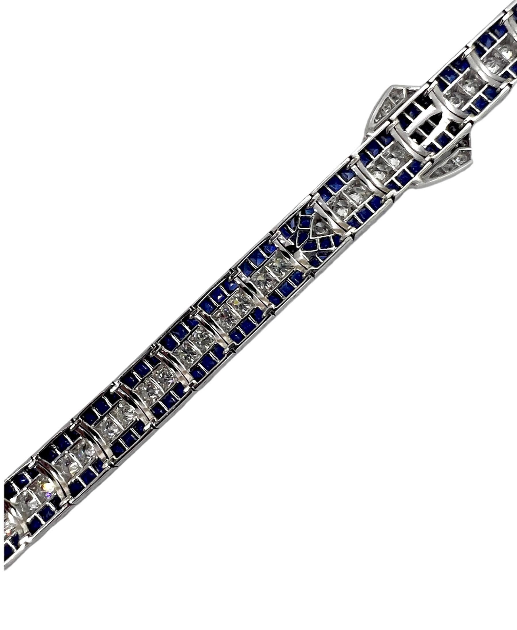 Round Cut Sophia D. Art Deco Blue Sapphire and Diamond Bracelet in Platinum For Sale