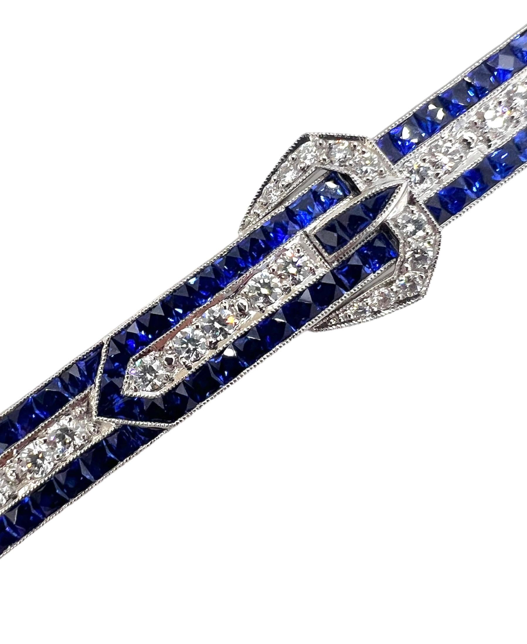 Sophia D. Art Deco-Armband aus Platin mit blauem Saphir und Diamanten (Rundschliff) im Angebot