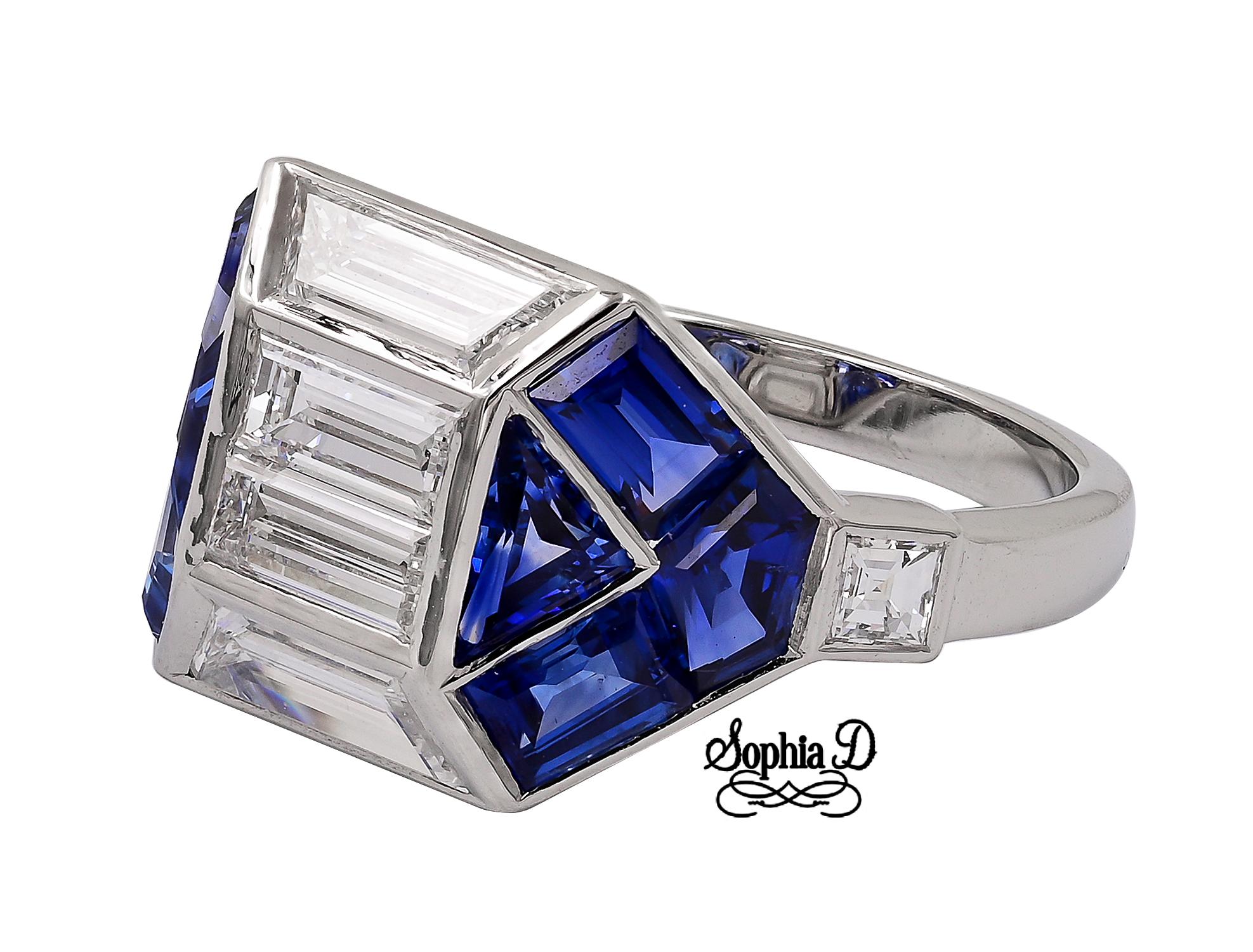 Art deco inspired ring by Sophia D. with 1.24 carats of baguette and trapezoid diamonds, 2.75 carats of blue sapphire and .22 carats of small square diamonds in platinum setting.

Sophia D by Joseph Dardashti LTD has been known worldwide for 35