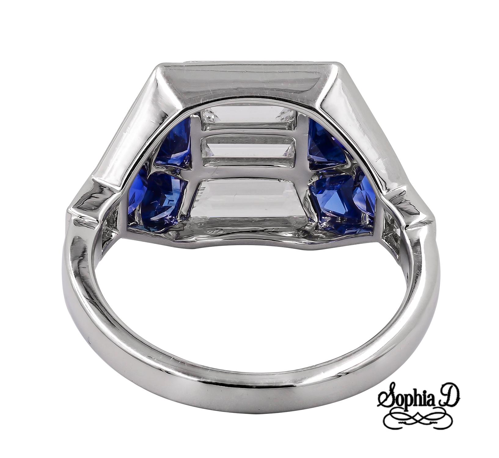 Baguette Cut Sophia D. Art Deco Blue Sapphire and Diamond Ring in Platinum For Sale