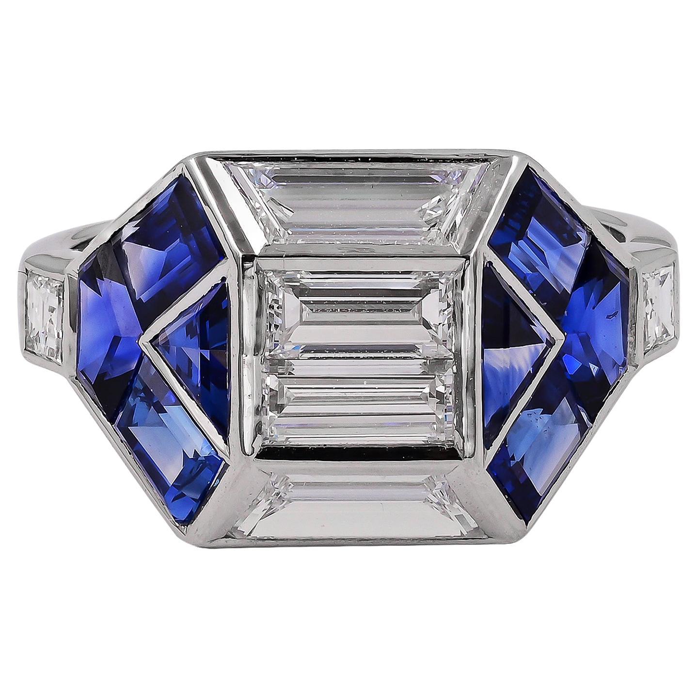 Sophia D. Art Deco Ring aus Platin mit blauem Saphir und Diamant