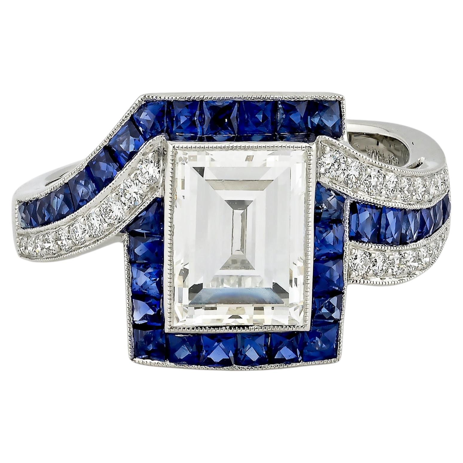 Sophia D Art Deco Diamond and Sapphire Ring Platinum For Sale