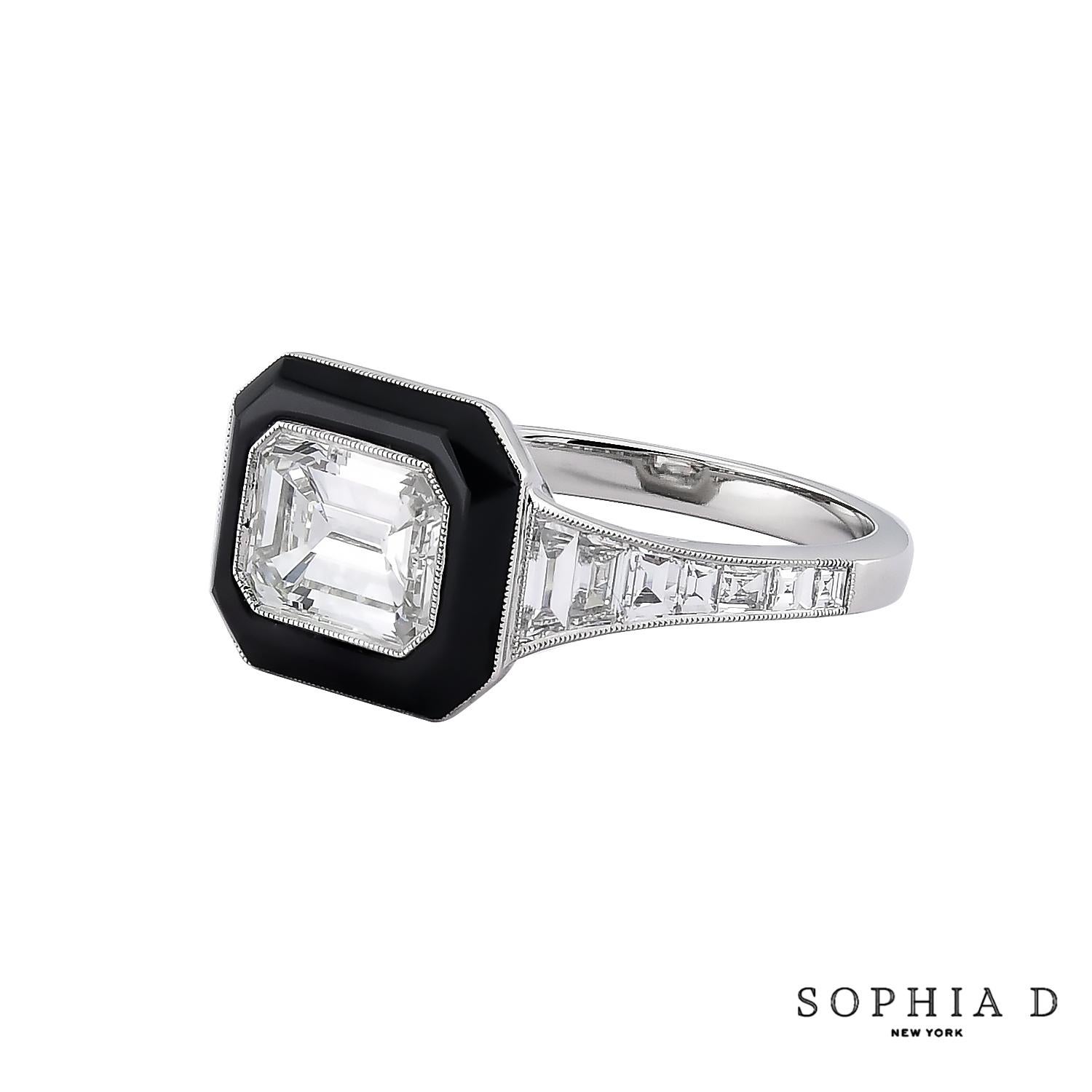 Baguette Cut Sophia D Art Deco East-West Emerald-Cut Diamond and Onyx Ring For Sale