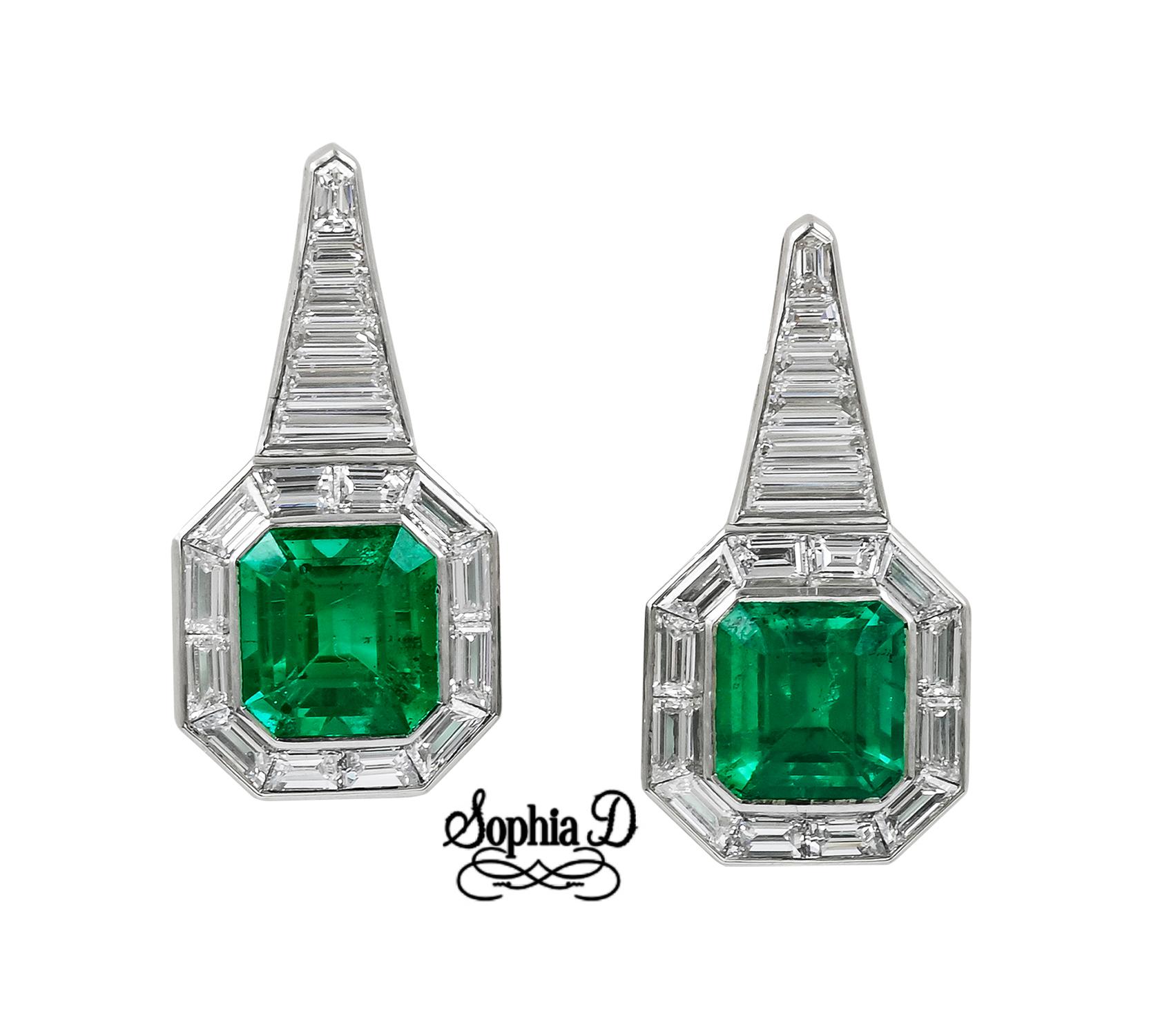 Beautifully designed platinum earrings by Sophia D that features Colombian emerald stones with total weight of 1.84 carats and 1.86 carats and accentuated with diamonds with total weight of 1.93 carats.

Sophia D by Joseph Dardashti LTD has been