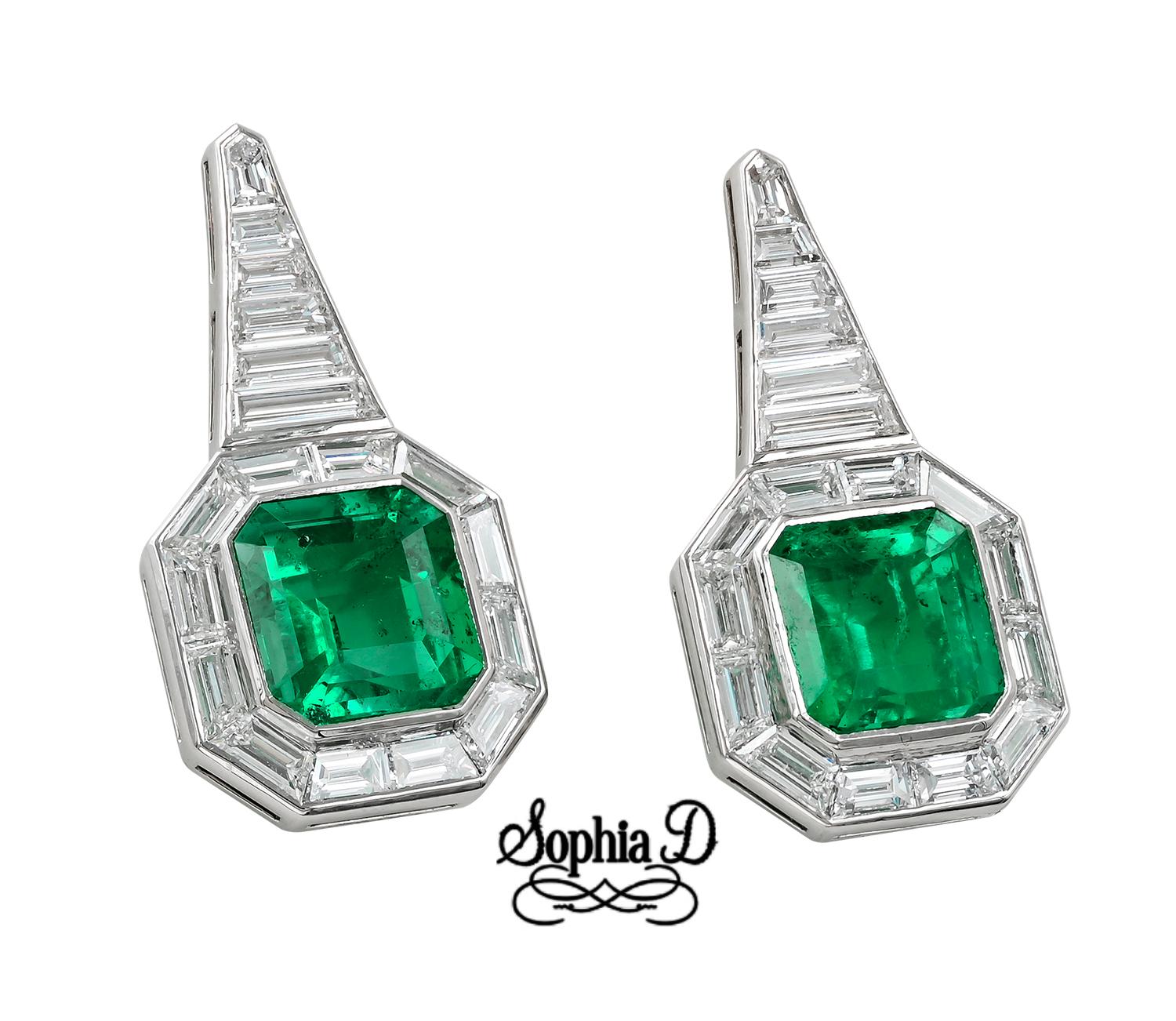 Emerald Cut Sophia D. Art Deco Colombian Emerald and Diamond Earrings For Sale
