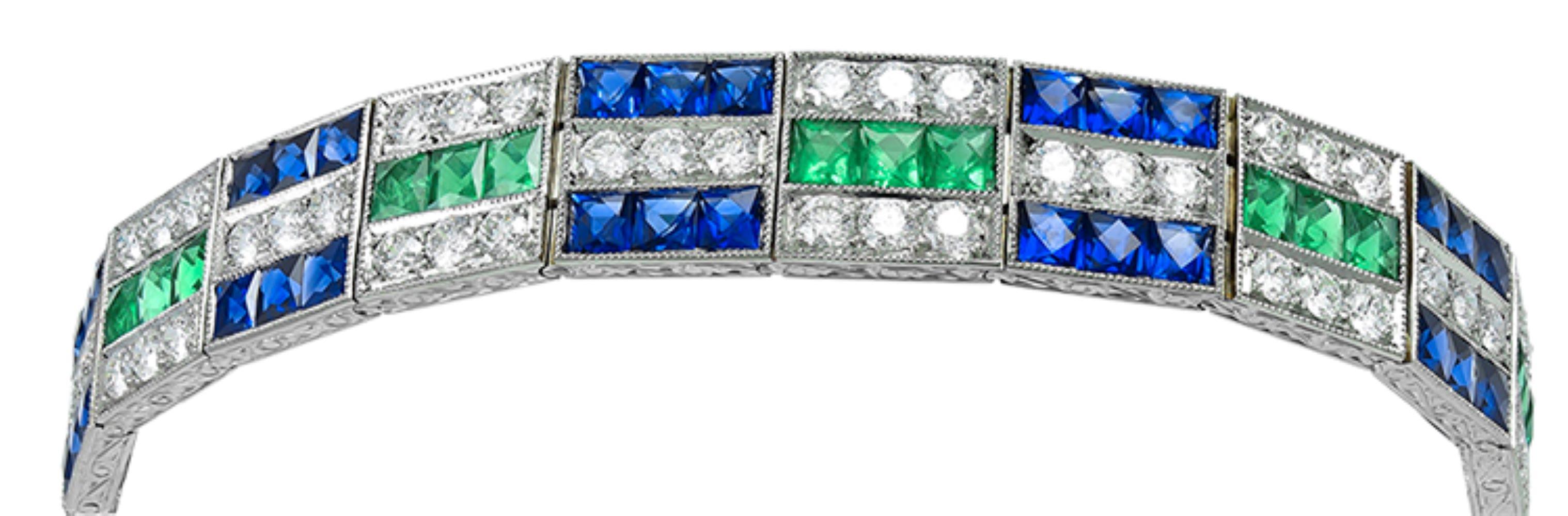 Square Cut Sophia D. Art Deco Emerald, Blue Sapphire and Diamond Bracelet For Sale