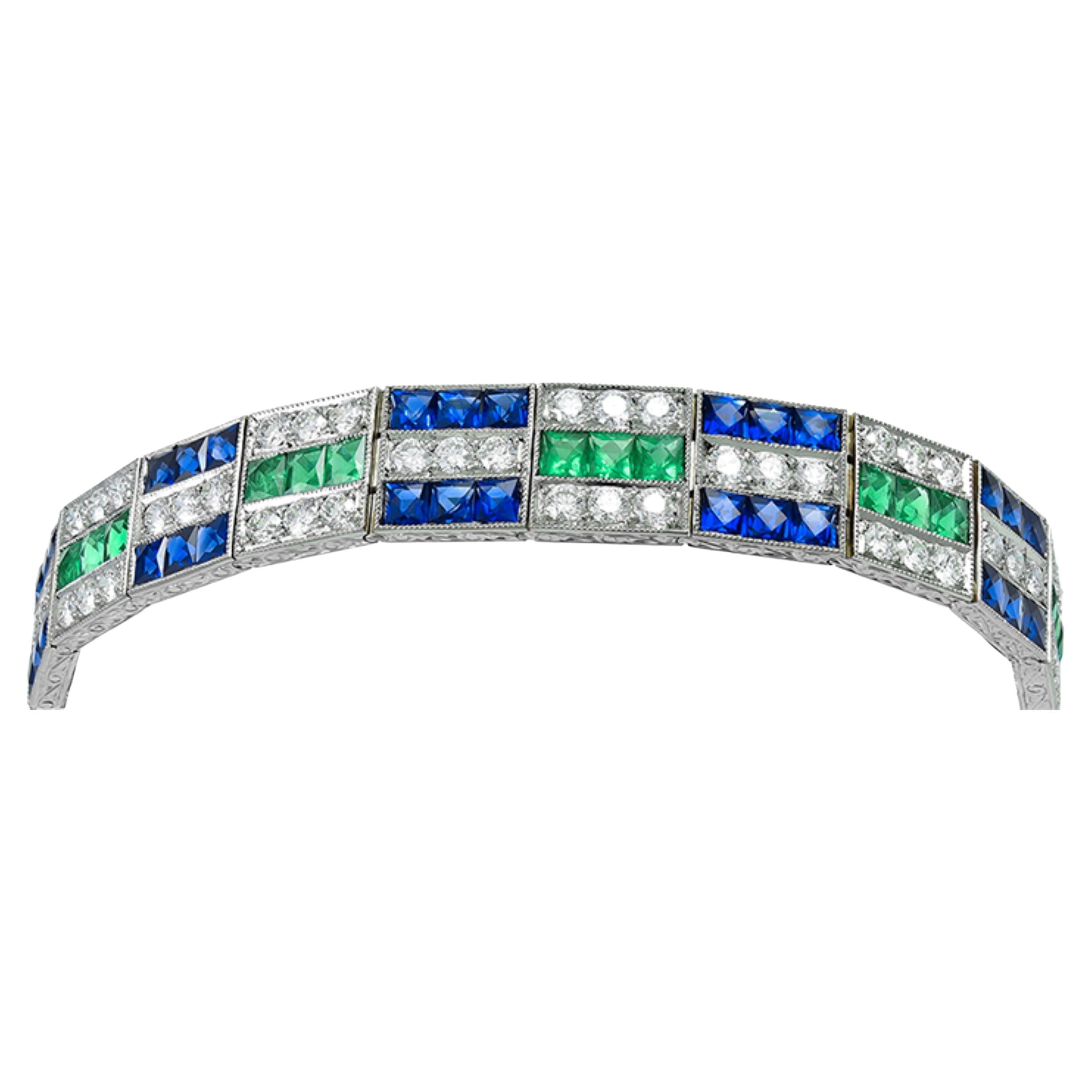 Sophia D. Art Deco Emerald, Blue Sapphire and Diamond Bracelet