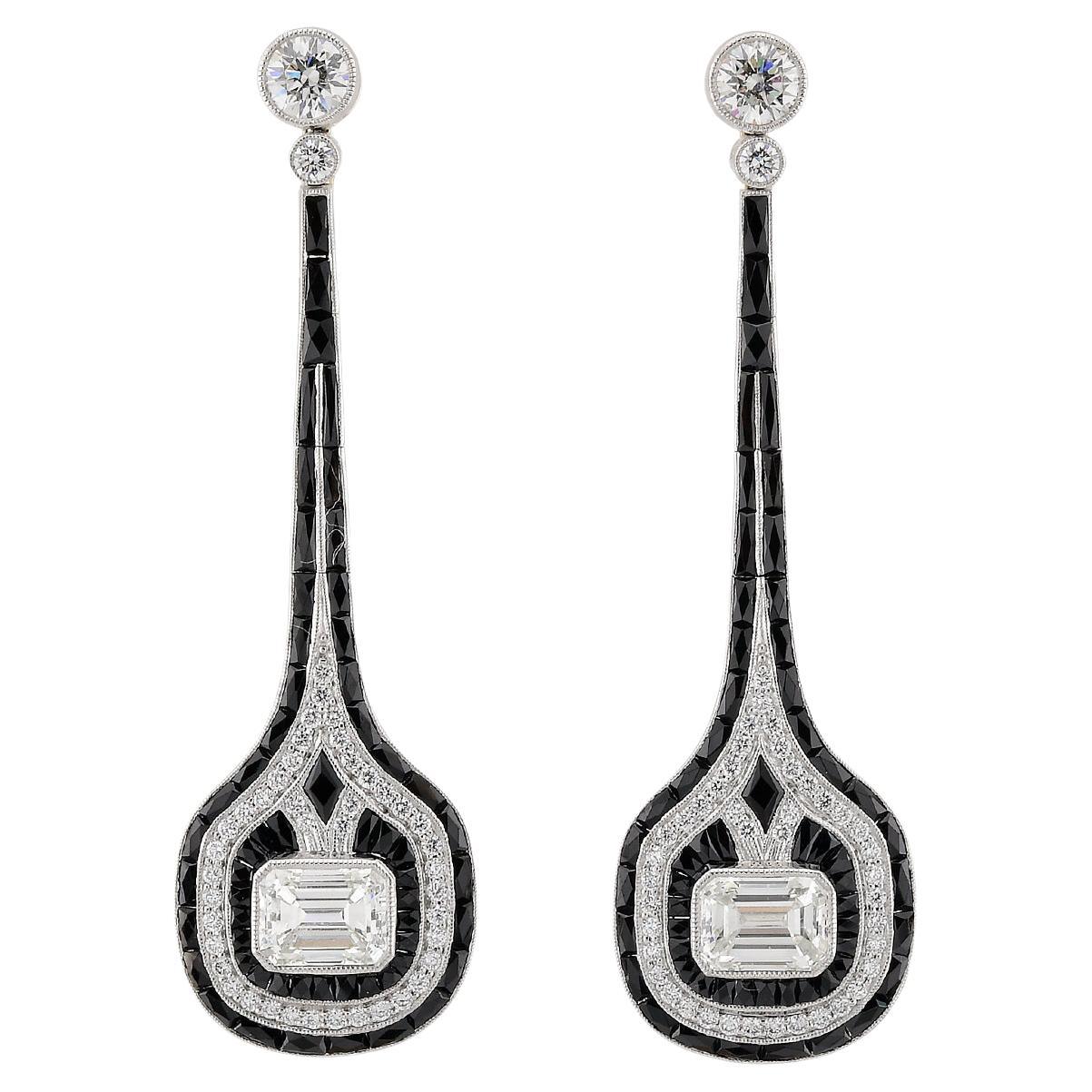 Sophia D Art Deco Emerald Cut Diamond and Onyx Drop Earrings in Platinum For Sale