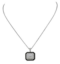 Sophia D Art Deco Emerald Cut Diamond and Onyx Pendant Necklace Platinum