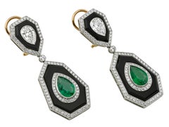 Sophia D Art Deco Emerald Diamond and Onyx Drop Earrings Platinum and 18K Yellow