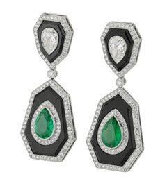 Sophia D Art Deco Emerald Diamond and Onyx Drop Earrings Platinum and 18K Yellow