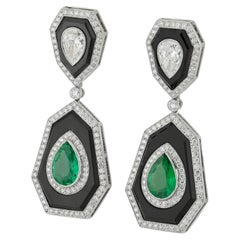 Sophia D Art Deco Emerald Diamond and Onyx Drop Earrings Platinum and 18K Yellow