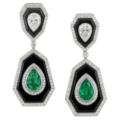 Sophia D Art Deco Emerald Diamond and Onyx Drop Earrings Platinum and 18K Yellow