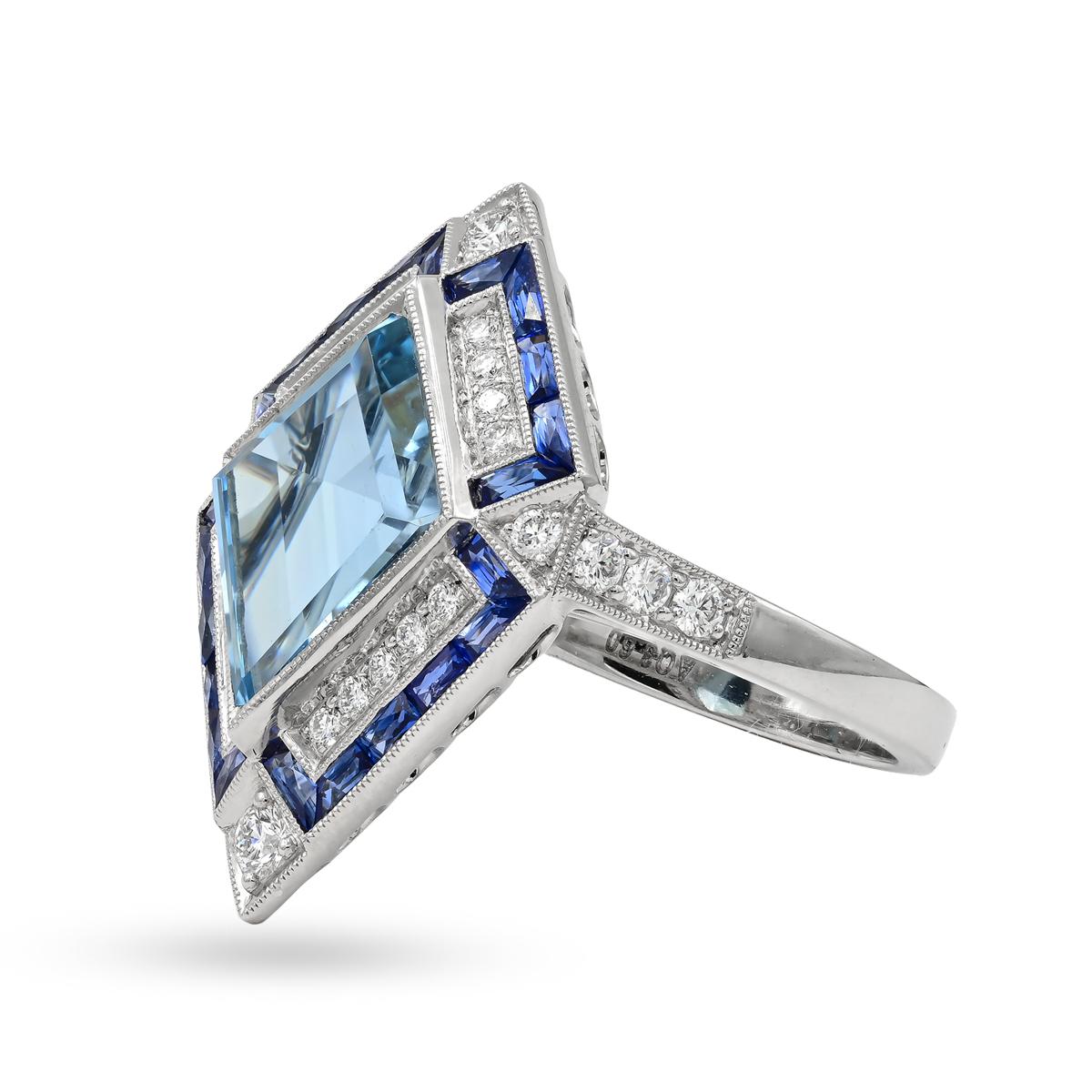 An art deco inspired ring by Sophia D. that features a 3.60 carats of aquamarine center stone accented with 0.41 carats of diamonds and 0.75 carats of blue sapphires set in platinum.

Sophia D has been known world-wide for over 40 years because of