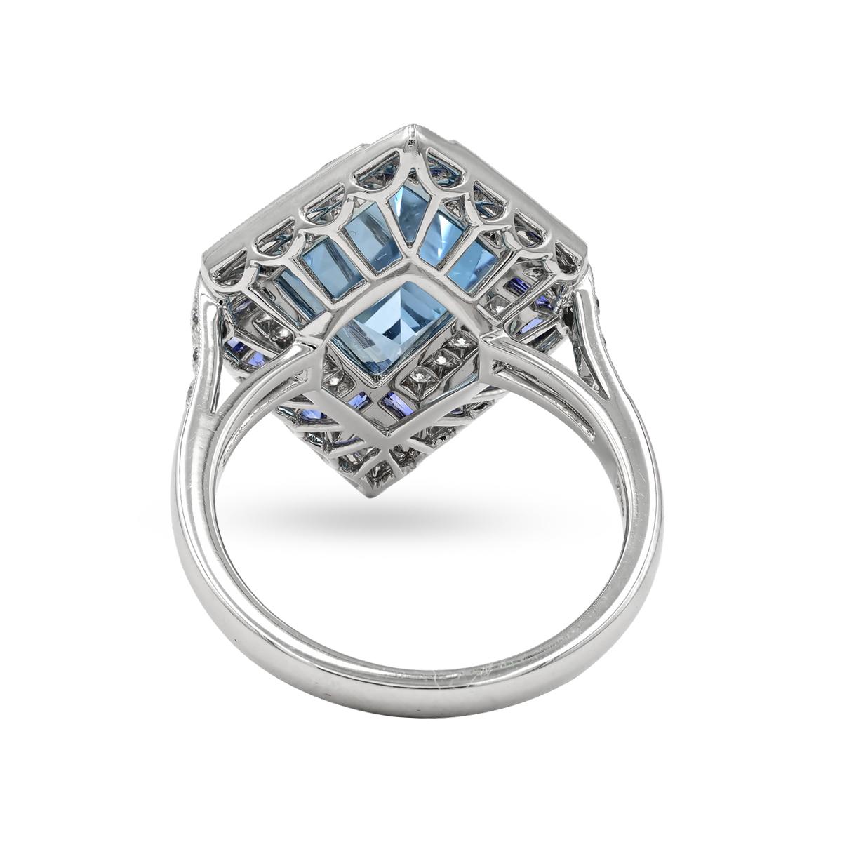 Kite Cut Sophia D. Art Deco Style Aquamarine and Blue Sapphire Ring For Sale
