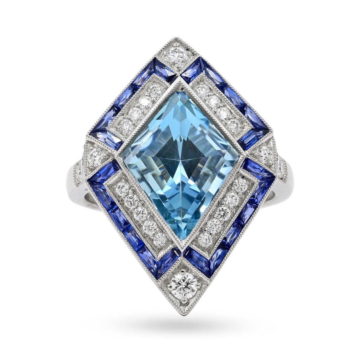 Sophia D. Art Deco Style Aquamarine and Blue Sapphire Ring In New Condition For Sale In New York, NY