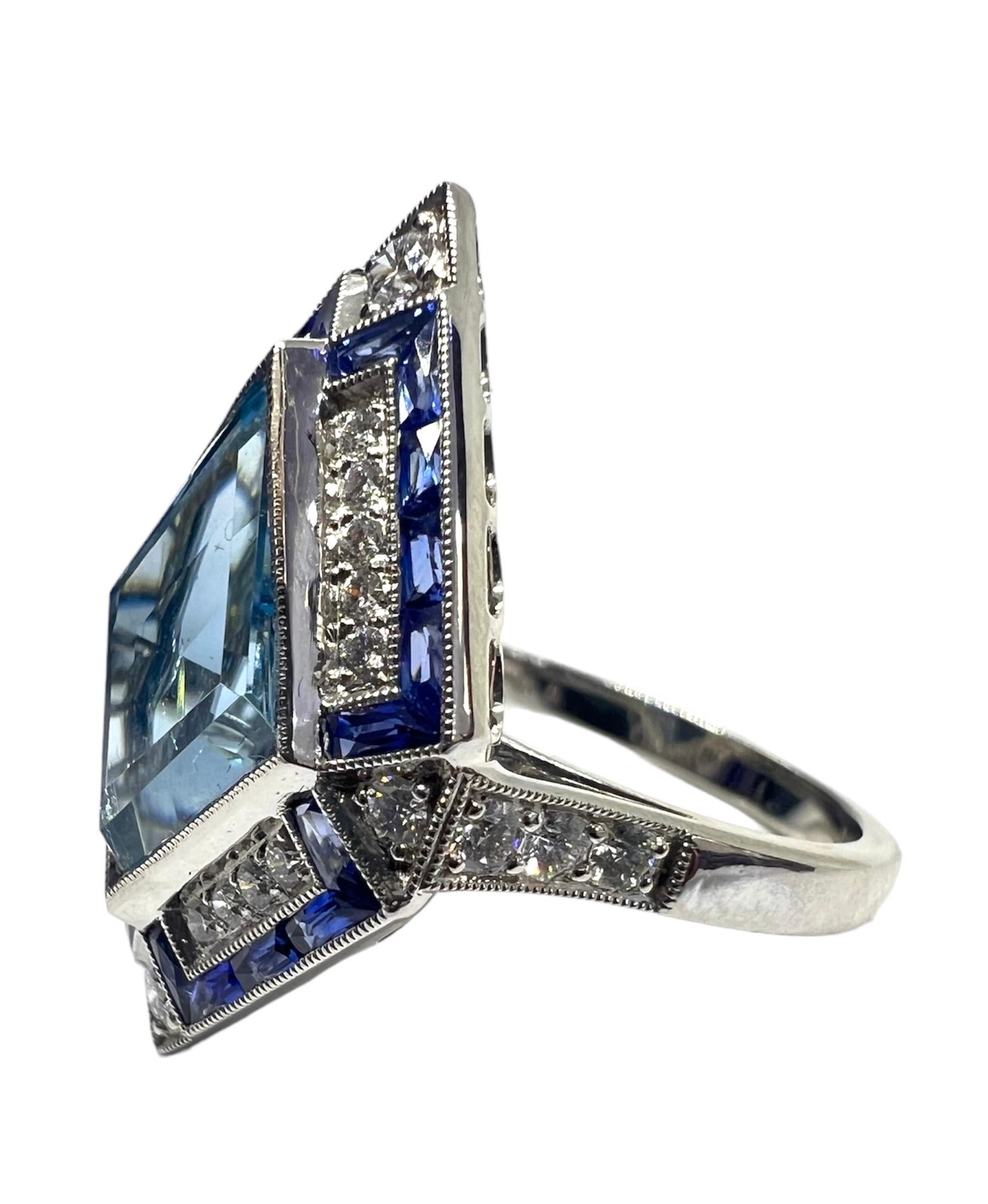 An art deco inspired platinum ring with 3.60 carat aquamarine, 0.41 carat diamond and 0.75 carat sapphire.

Sophia D by Joseph Dardashti LTD has been known worldwide for 35 years and are inspired by classic Art Deco design that merges with modern