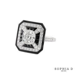 Sophia D Art Deco Mosaic Onyx and Cushion-Cut Diamond Ring Platinum