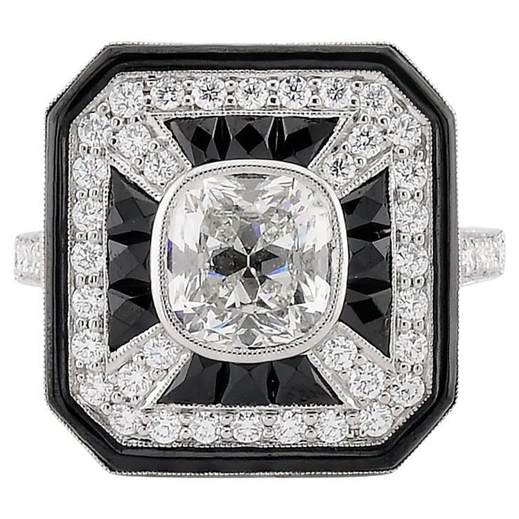 D.D. Art Deco Anello con mosaico di onice e diamanti taglio cuscino in platino