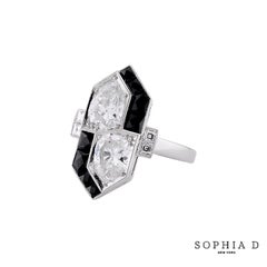 D.D. Art Deco Anello con diamanti a forma di pera e onice in platino