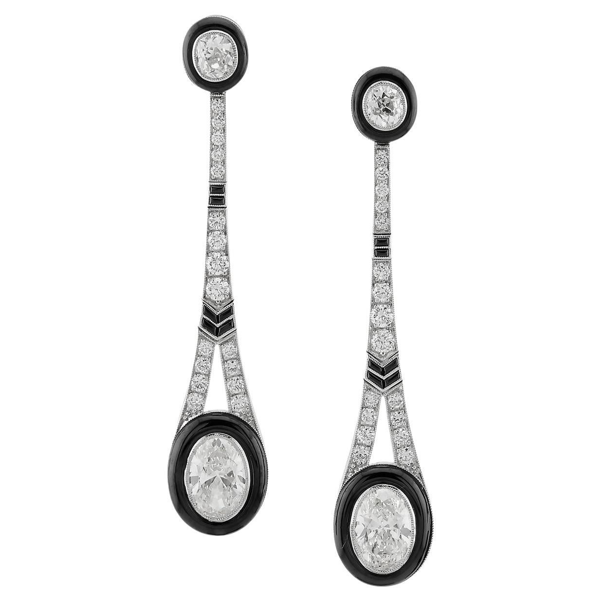 Sophia D Art Deco Orecchini a goccia con onice e diamanti ovali in platino e giallo 18 carati D. A. in vendita