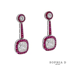 Sophia D Cushion-Cut Diamonds and Rubies Art Deco Style Earrings