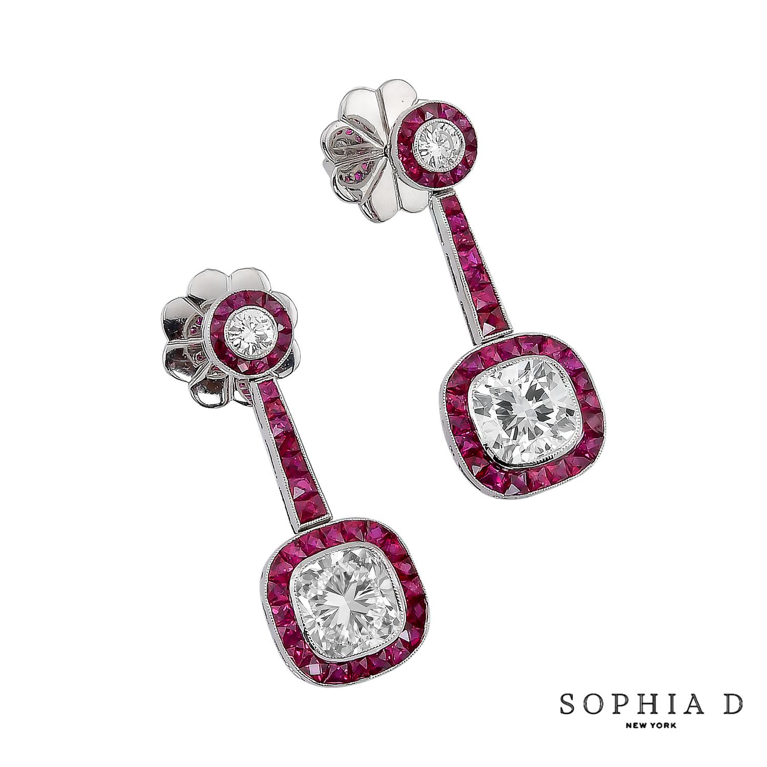 Cushion Cut Sophia D Art Deco Platinum Earrings with Cushion-Cut Diamonds and Rubies For Sale