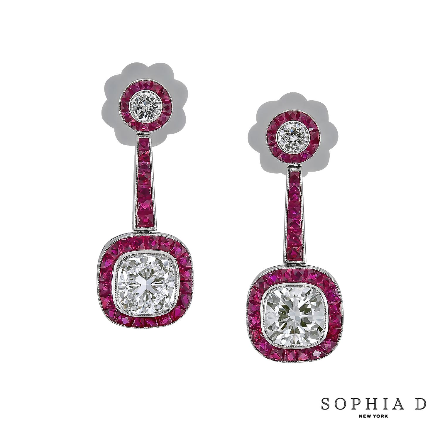 Sophia D Art Deco Platinum Earrings with Cushion-Cut Diamonds and Rubies In New Condition For Sale In New York, NY