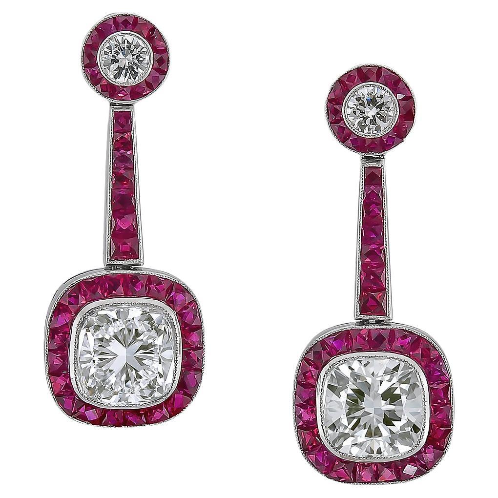 Sophia D Art Deco Platinum Earrings with Cushion-Cut Diamonds and Rubies