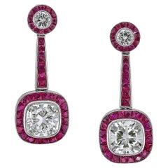 Sophia D Art Deco Platinum Earrings with Cushion-Cut Diamonds and Rubies