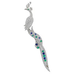 Sophia D Art Deco Platinum Peacock Brooch with Diamonds, Sapphires, and Emeralds
