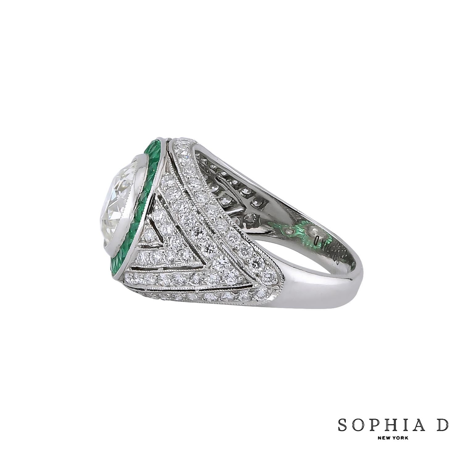 Round Cut Sophia D Art Deco Platinum Ring with 2.44 Carat Round Diamond and Emerald Halo For Sale
