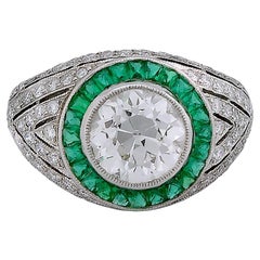 Sophia D Art Deco Platinum Ring with 2.44 Carat Round Diamond and Emerald Halo
