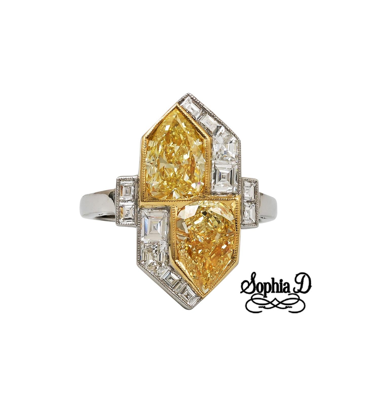 Pear Cut Sophia D. Art Deco Platinum Ring with Yellow Diamond and White Diamond For Sale