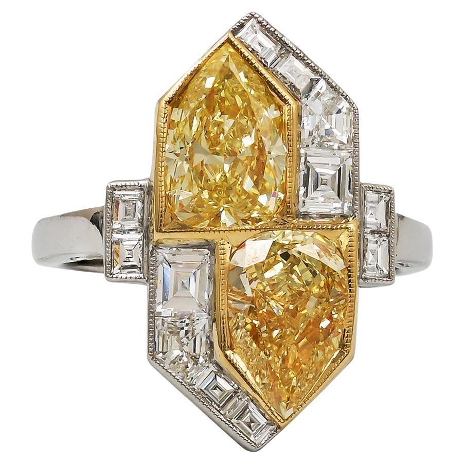 Sophia D. Art Deco Platinum Ring with Yellow Diamond and White Diamond For Sale