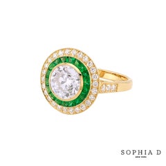Sophia D Art Deco Round Diamond and Emerald Halo Ring in 18K Yellow Gold