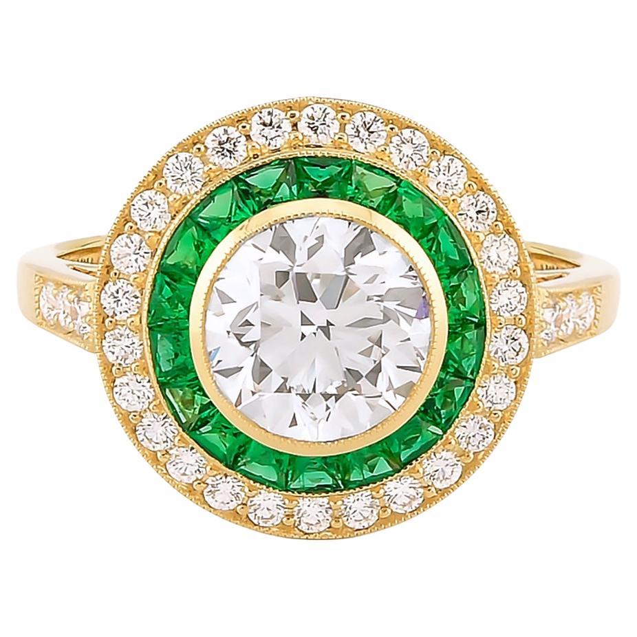 Sophia D Art Deco Round Diamond and Emerald Halo Ring in 18K Yellow Gold For Sale