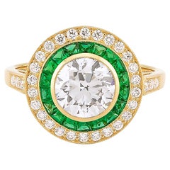 Sophia D Art Deco Round Diamond and Emerald Halo Ring in 18K Yellow Gold