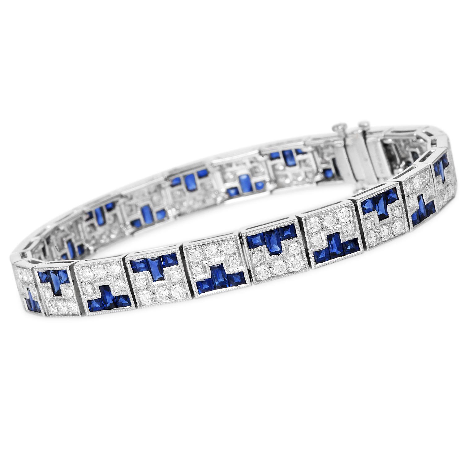 Sophia D, bracelet ligne Art déco en platine, saphirs et diamants Excellent état - En vente à Miami, FL