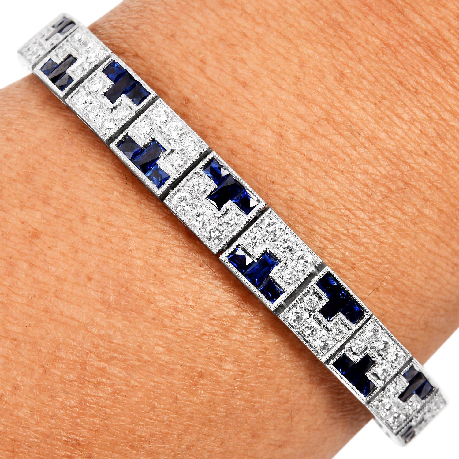 Sophia D, bracelet ligne Art déco en platine, saphirs et diamants en vente 2