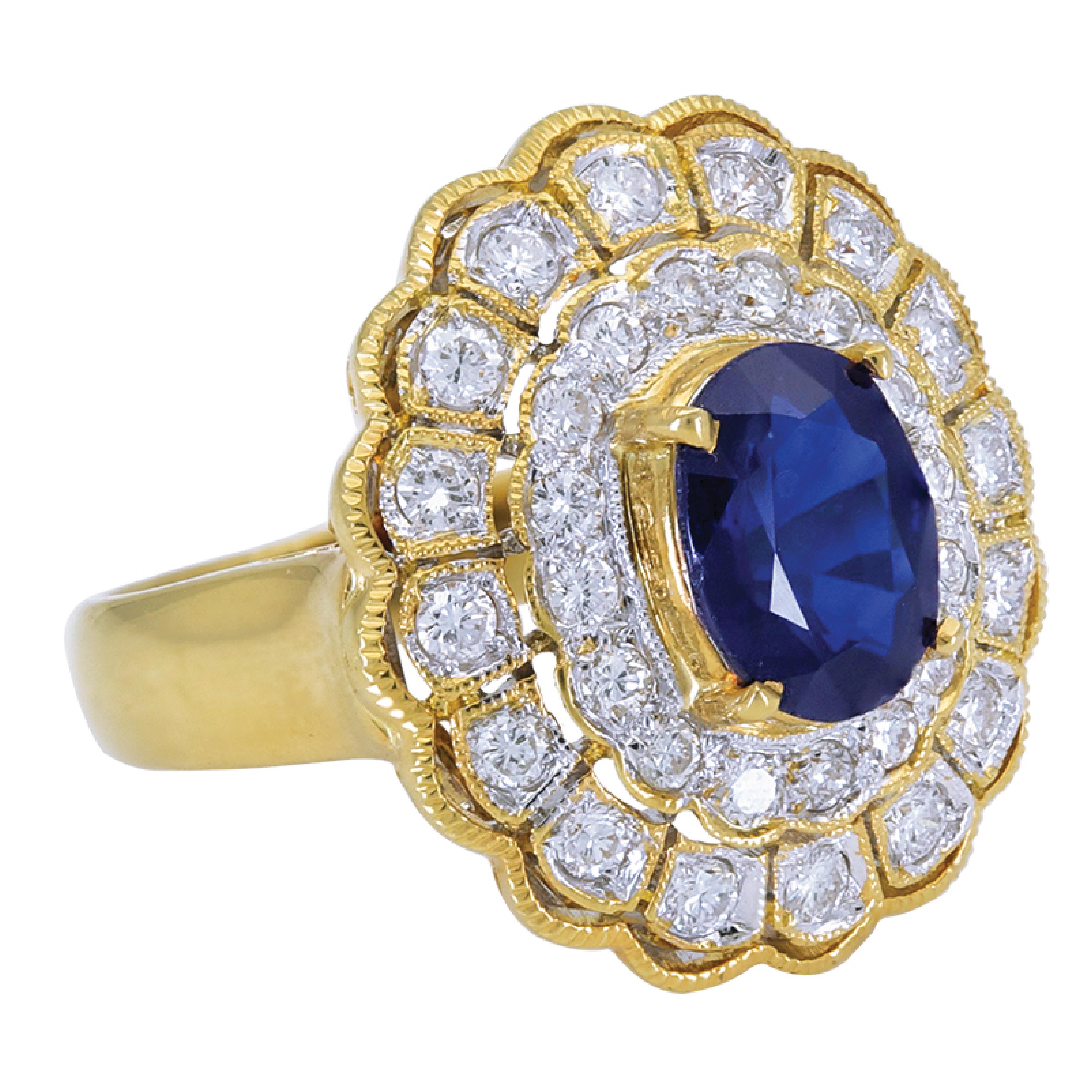 Set in 18 Karat Yellow Gold, this ring is with pave diamonds weighing a total of 1.10 carats with a center oval cut blue sapphire weighing a total of 1.45 carats.

Ring is available for resizing.

Sophia D by Joseph Dardashti LTD has been known