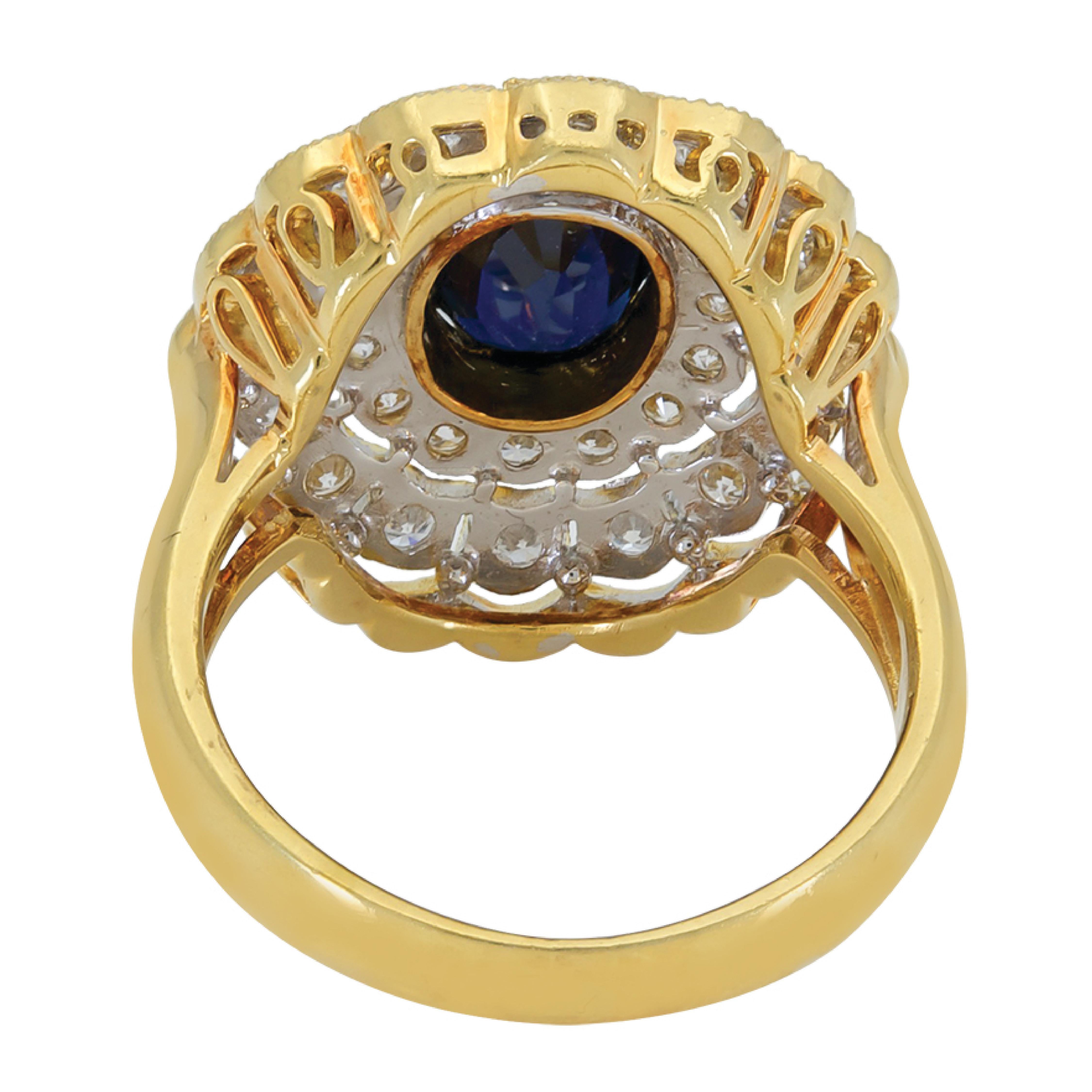 Oval Cut Sophia D. Art Deco Style Blue Sapphire and Diamond Ring in Yellow Gold For Sale