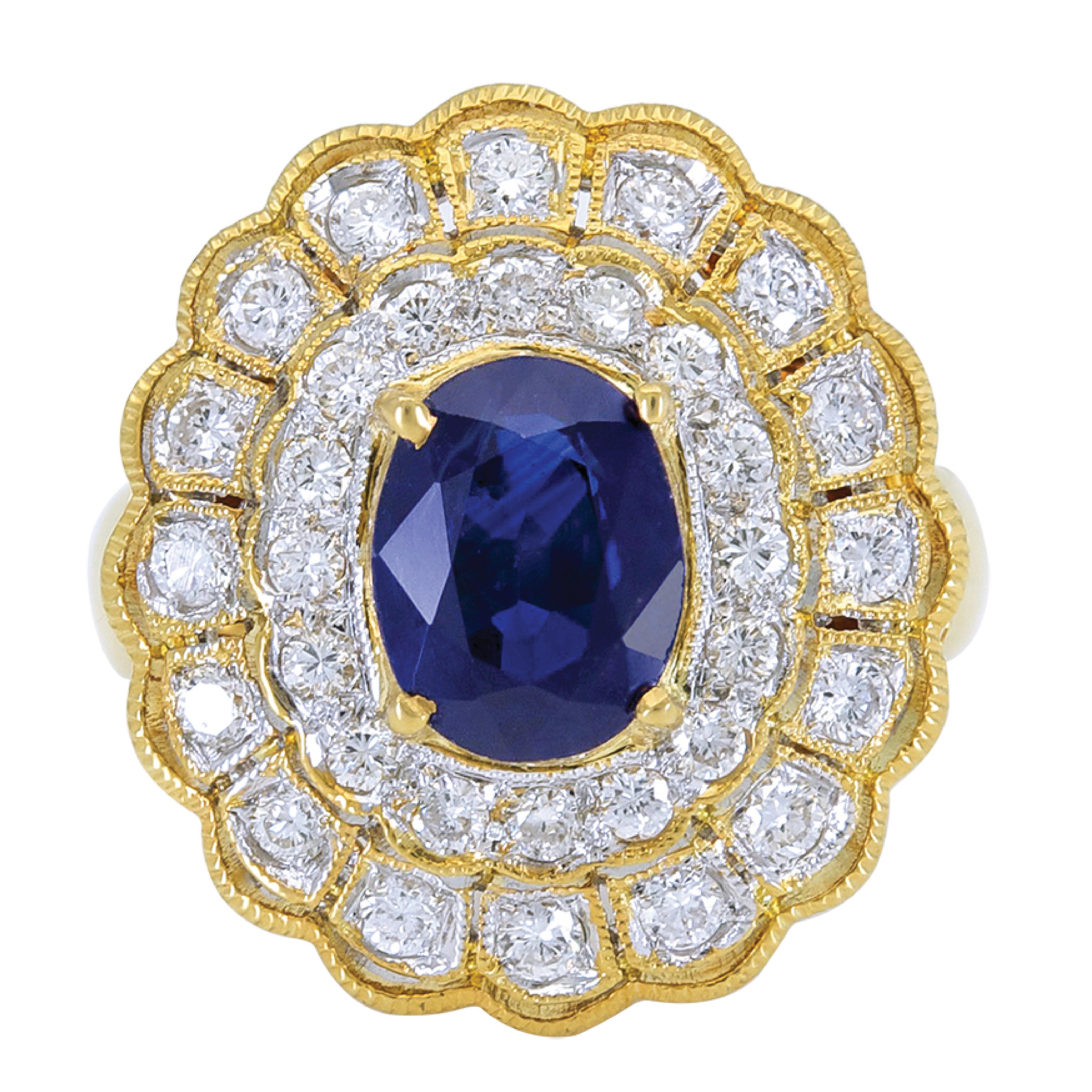 Sophia D. Art Deco Style Blue Sapphire and Diamond Ring in Yellow Gold In New Condition For Sale In New York, NY