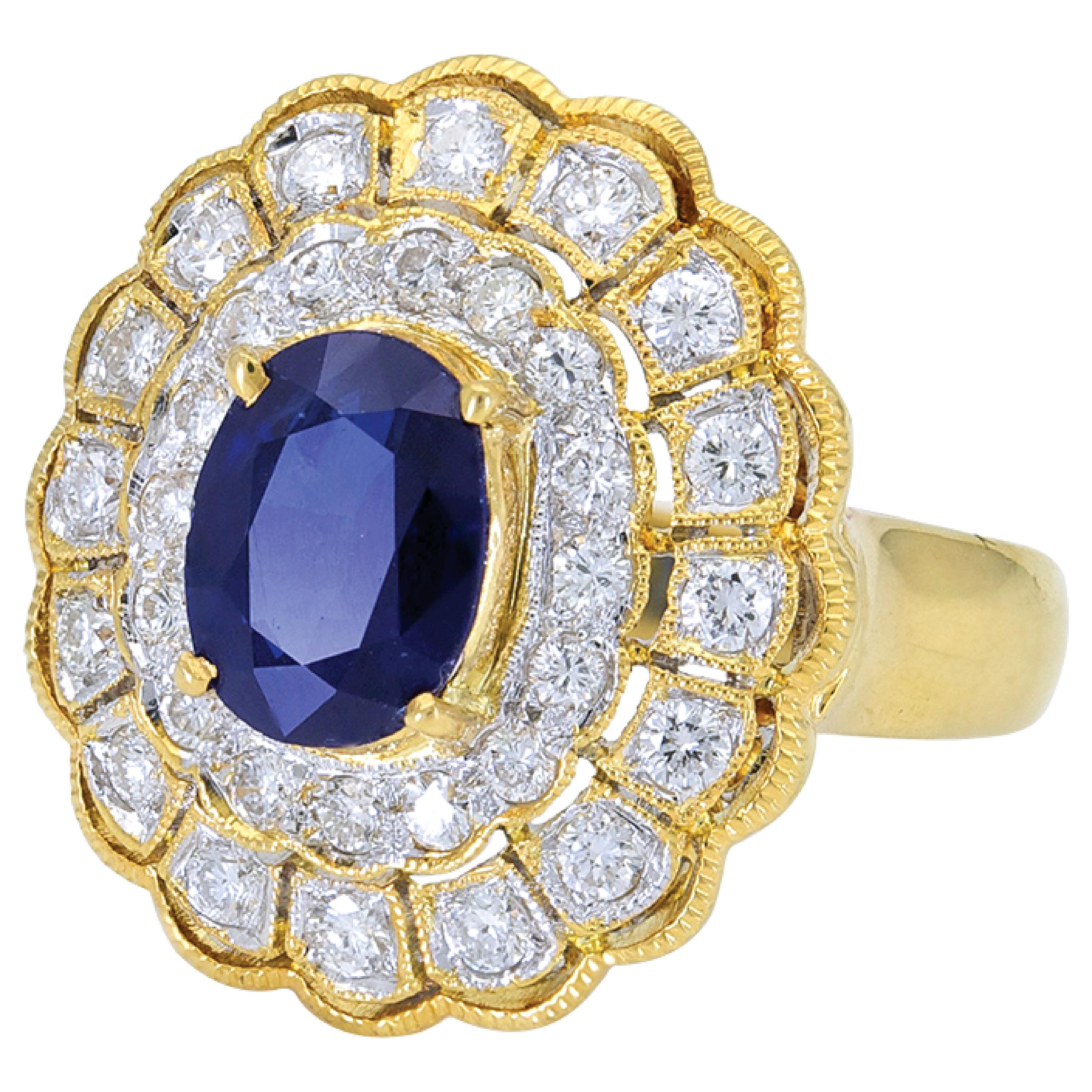 Sophia D. Art Deco Style Blue Sapphire and Diamond Ring in Yellow Gold For Sale