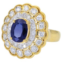 Bague Sophia D. de style Art déco en or jaune avec saphir bleu et diamants