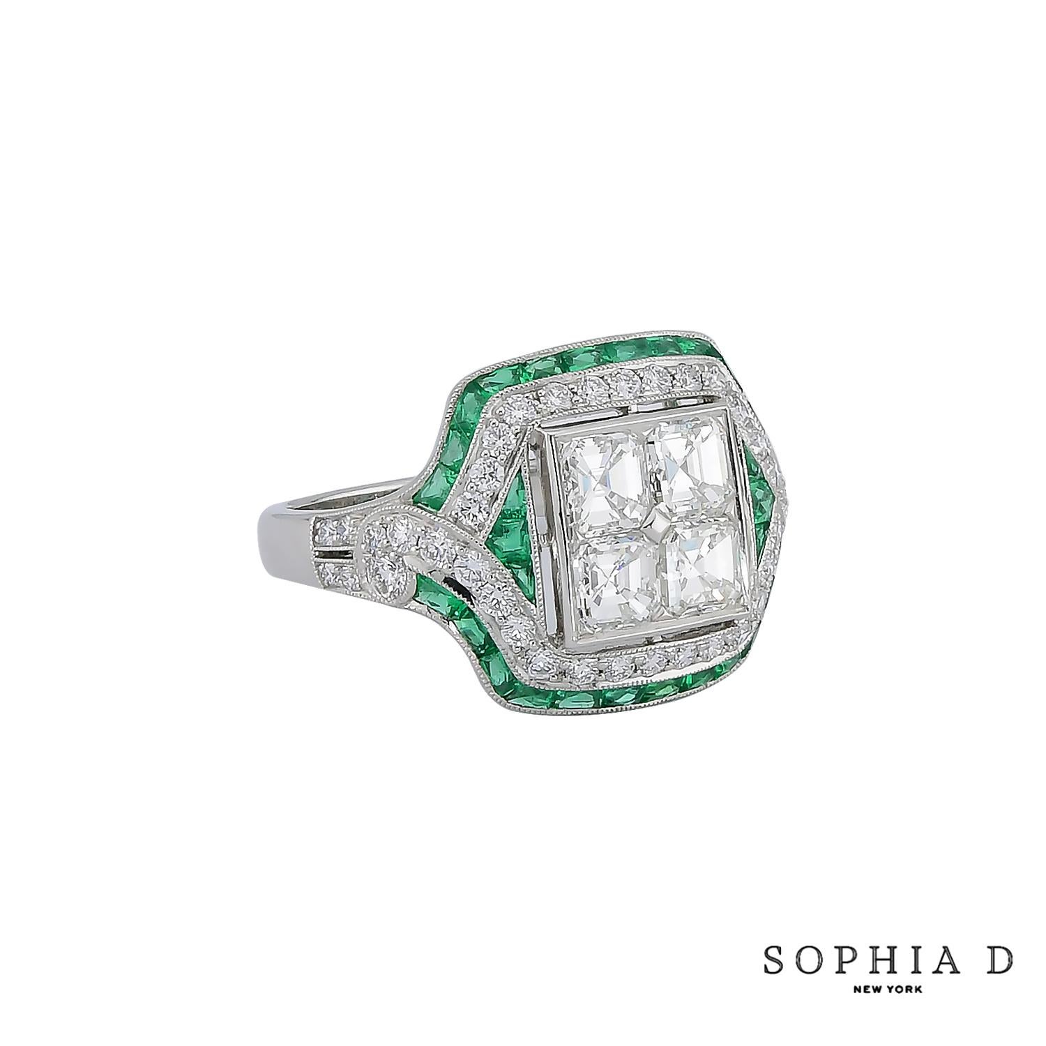 This Art Deco-inspired ring features four Asscher-cut diamonds, with a total weight of 1.61ct, arranged in a striking geometric design at the center. The diamonds are complemented by 0.55ct of vibrant emeralds and 0.52ct of additional diamonds, all