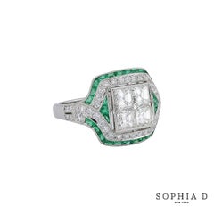 Sophia D Art Deco Style Diamond and Emerald Ring