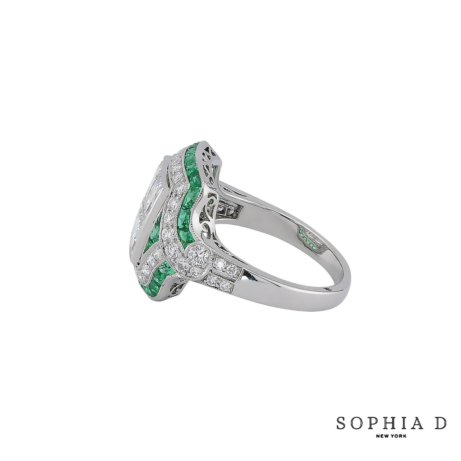 Emerald Cut Sophia D Art Deco Style Diamond and Emerald Ring For Sale